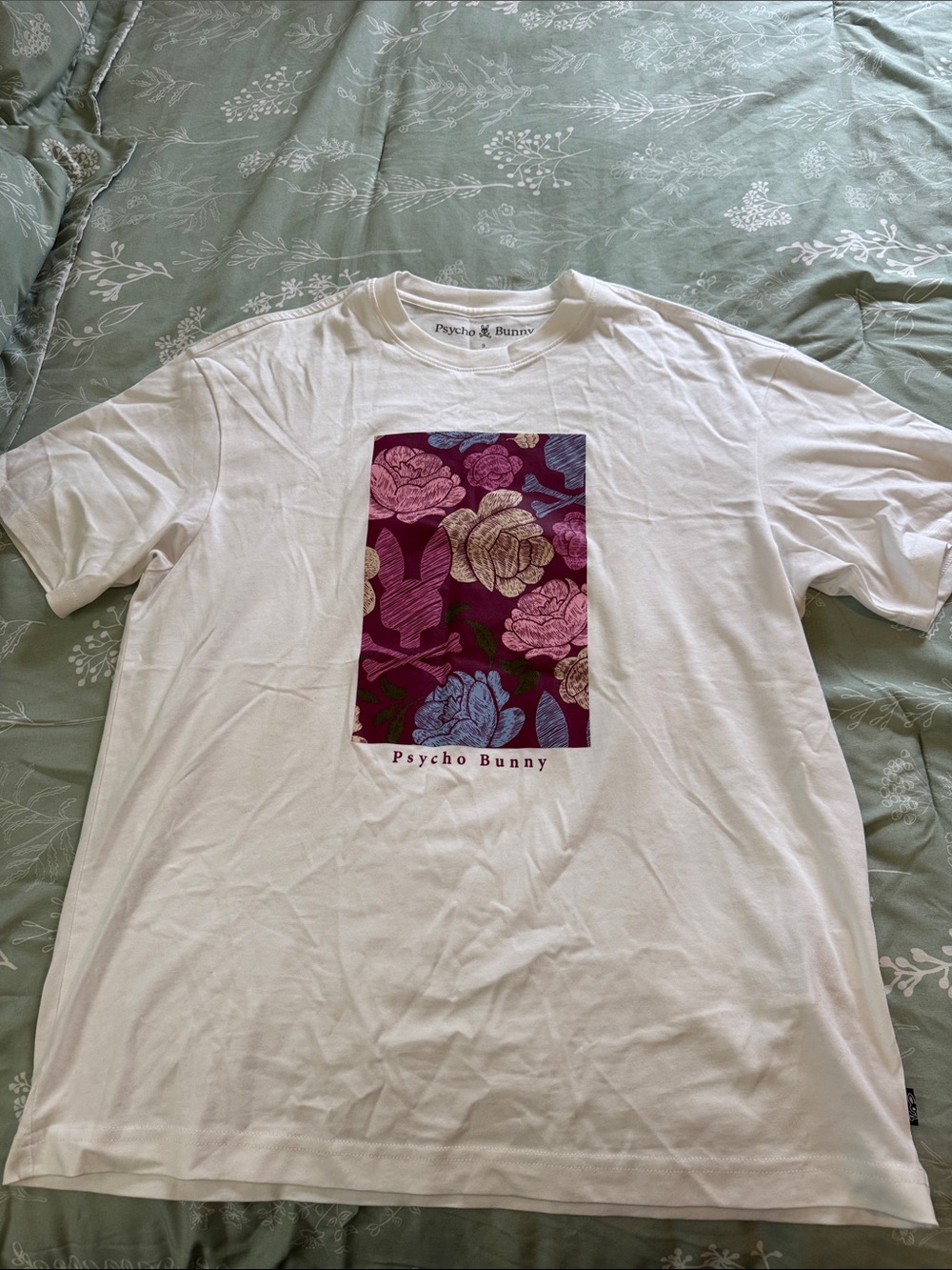 Psycho Bunny White Tee with Maroon Floral Panel